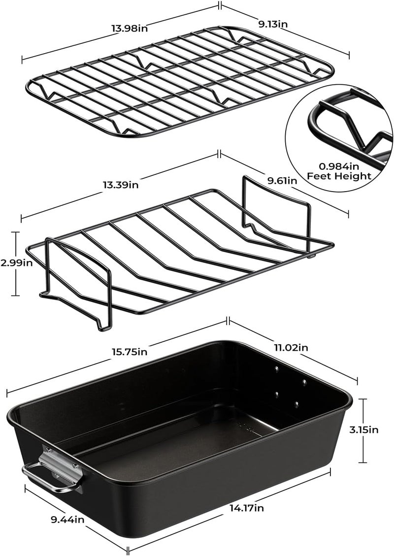 Armorbear Turkey Roasting Pan with Rack Non stick Carbon Steel Roaster 16x11 Inch, Dishwasher Safe, Deep Baking Broiler Pan for Oven Chicken, Bacon, Black - Image 2